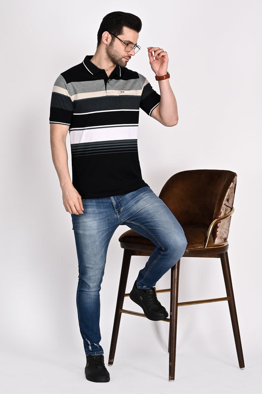 Black-Cream-Green Striped Polo Tshirt for Mens