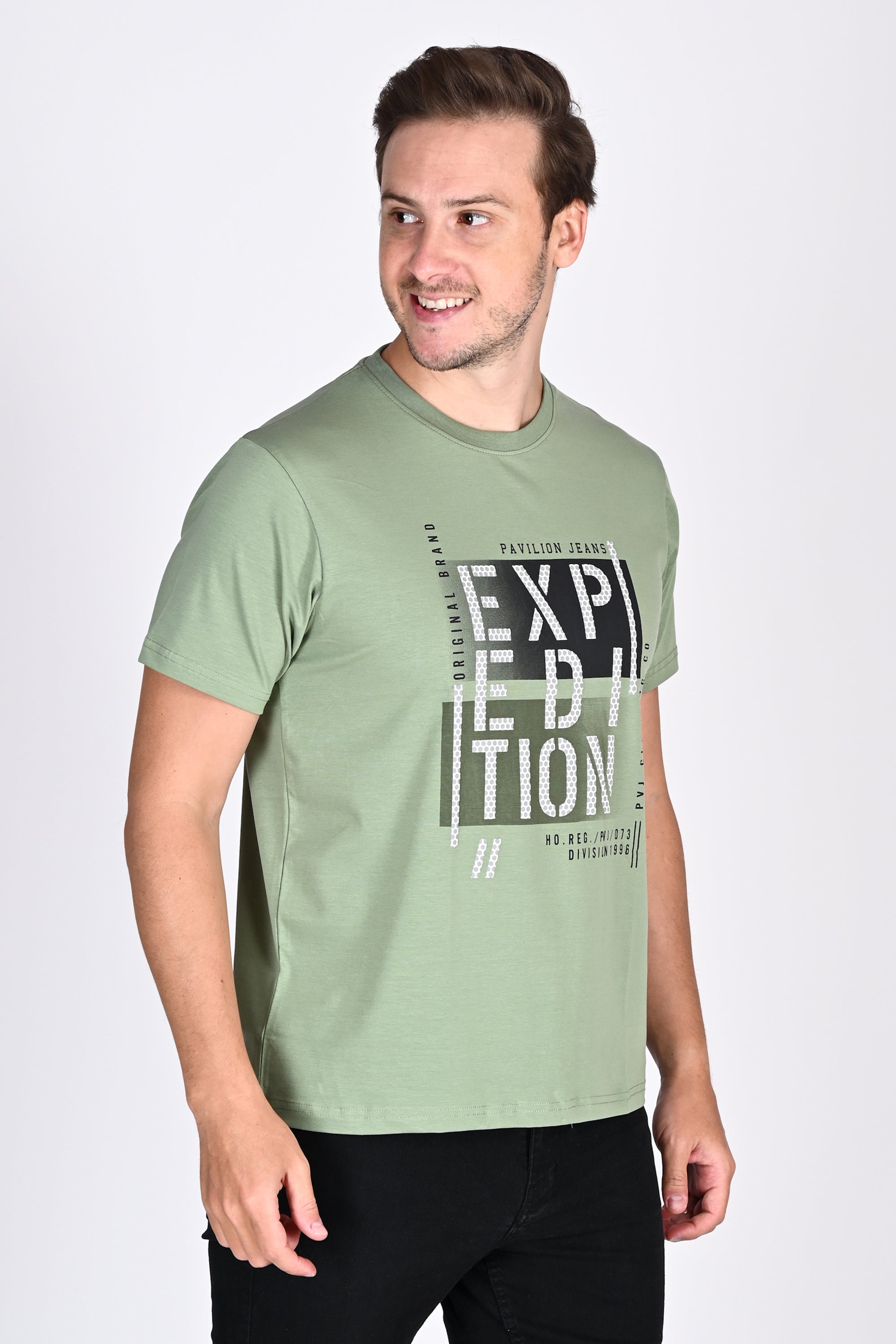 Statement Printed Moss Green Round Neck Tshirt