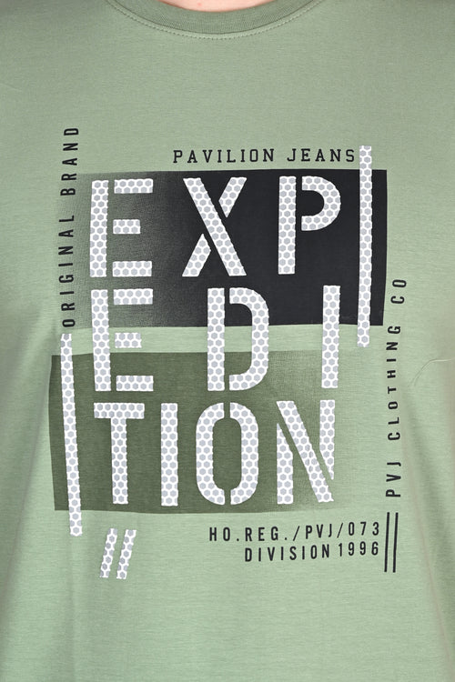 Statement Printed Moss Green Round Neck Tshirt