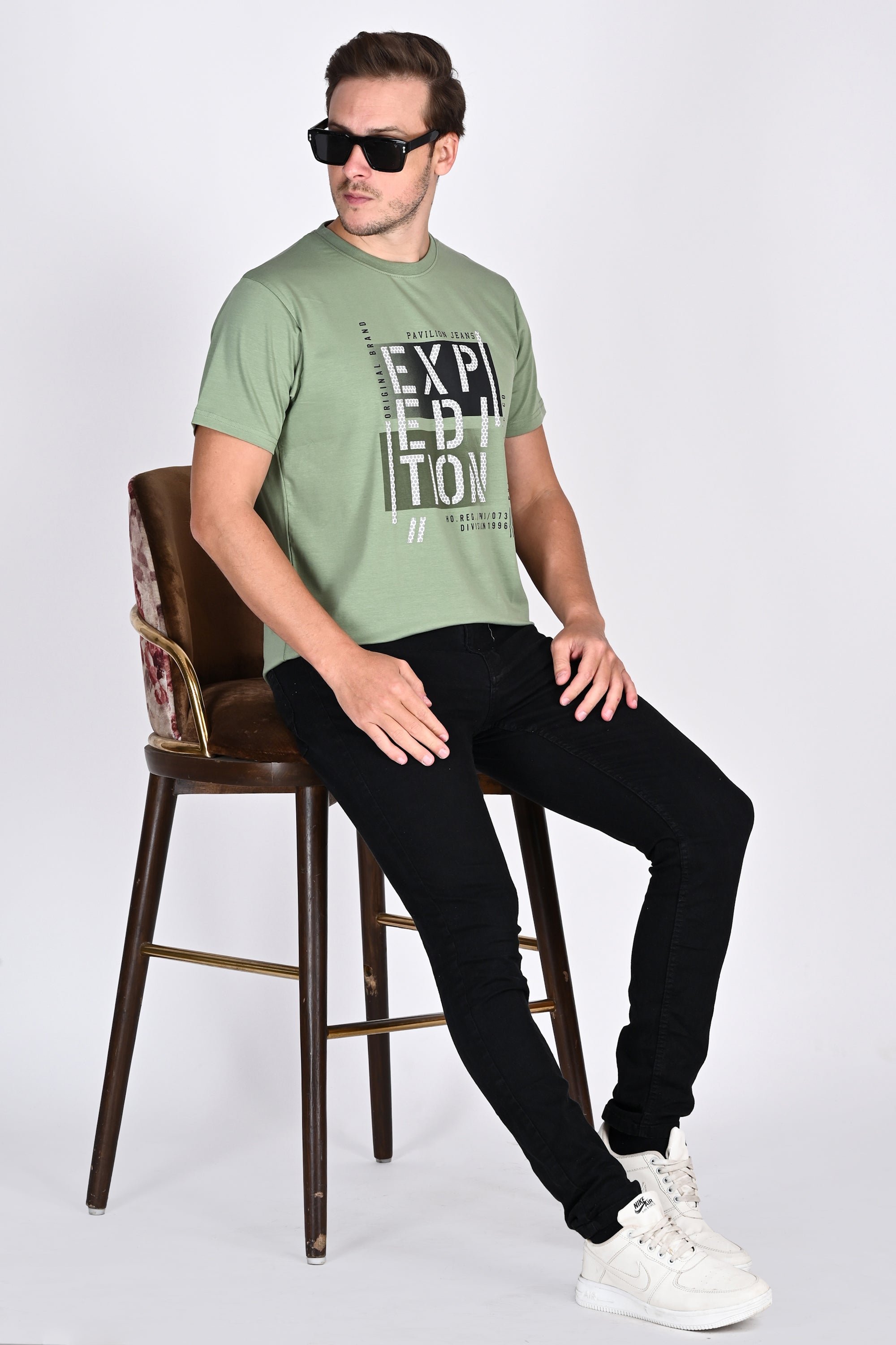 Statement Printed Moss Green Round Neck Tshirt