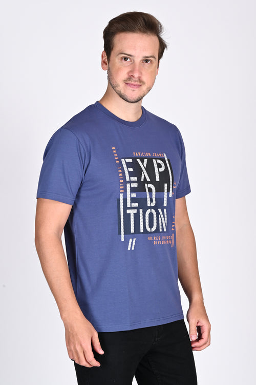 Statement Printed Blue Round Neck Tshirt