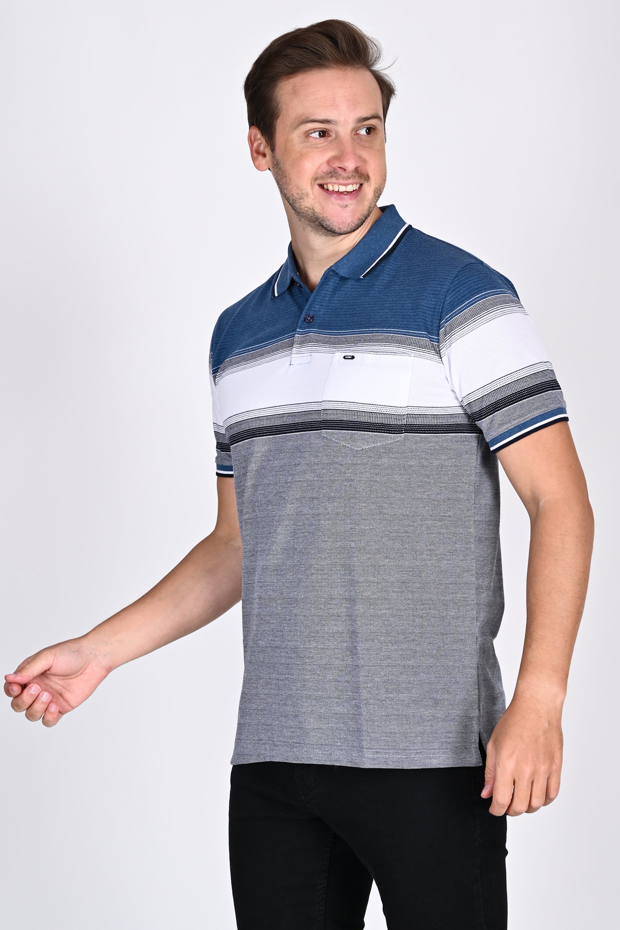 Mens Everyday Classic Blue-Black-White Stripe Polo Tshirt