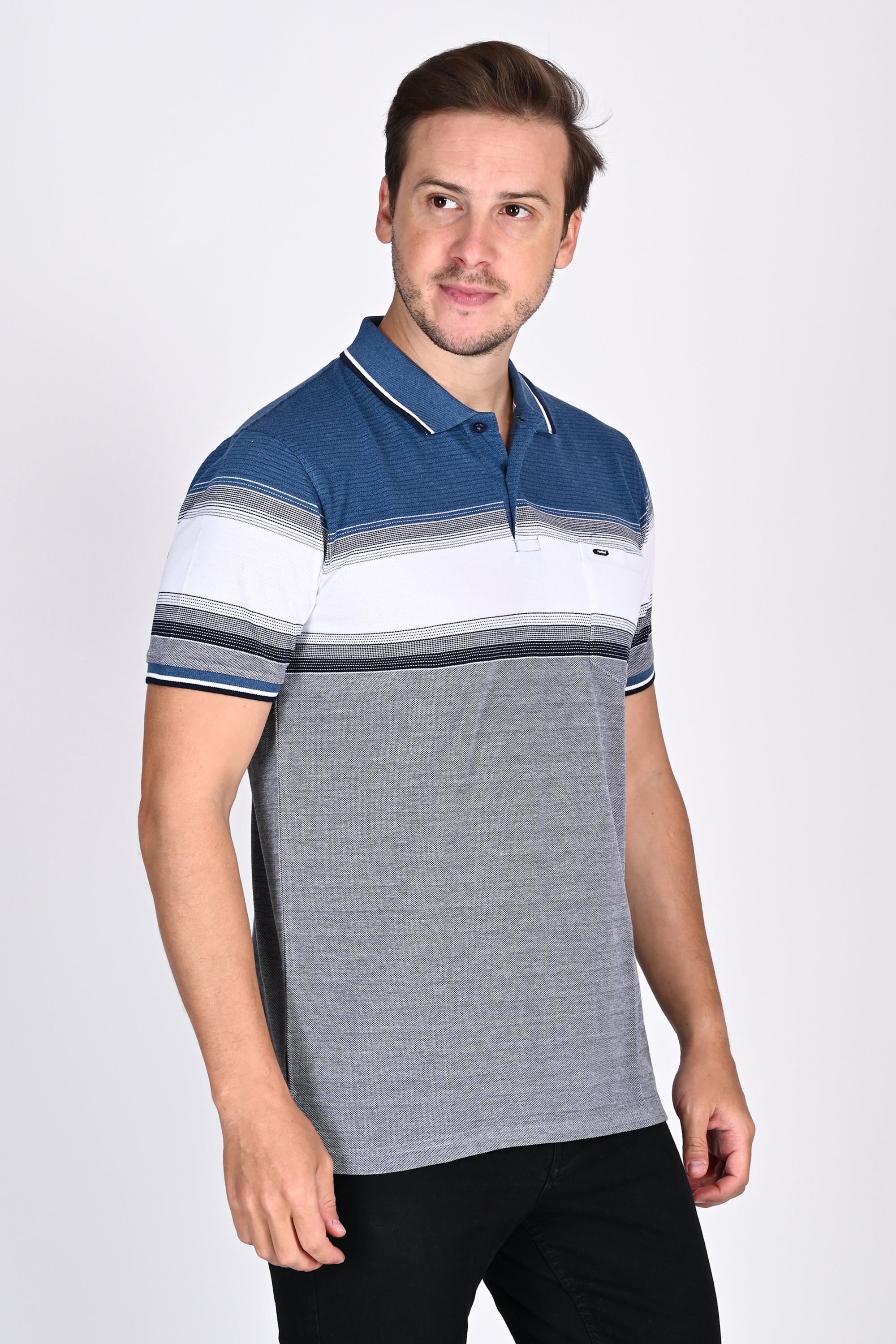 Mens Everyday Classic Blue-Black-White Stripe Polo Tshirt