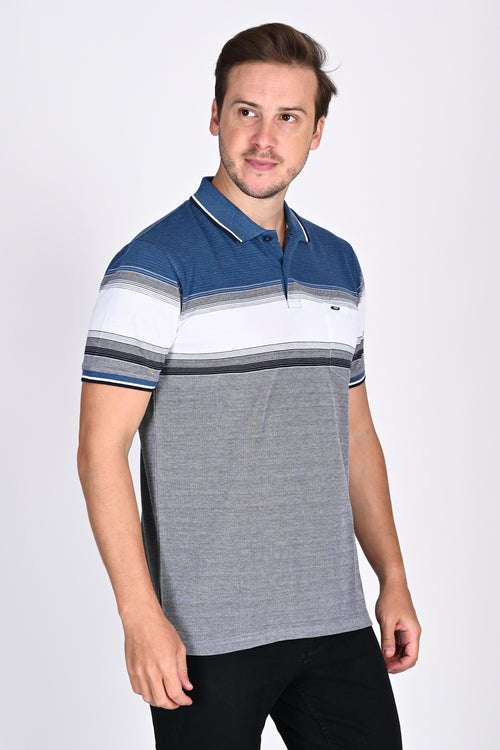 Mens Everyday Classic Blue-Black-White Stripe Polo Tshirt