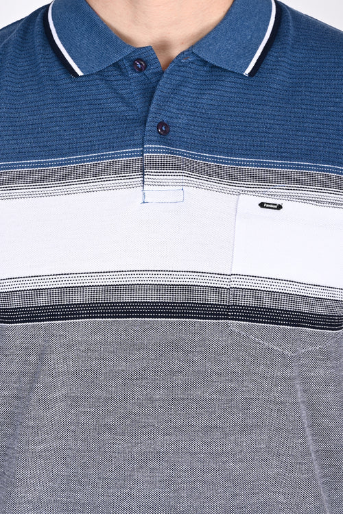 Mens Everyday Classic Blue-Black-White Stripe Polo Tshirt