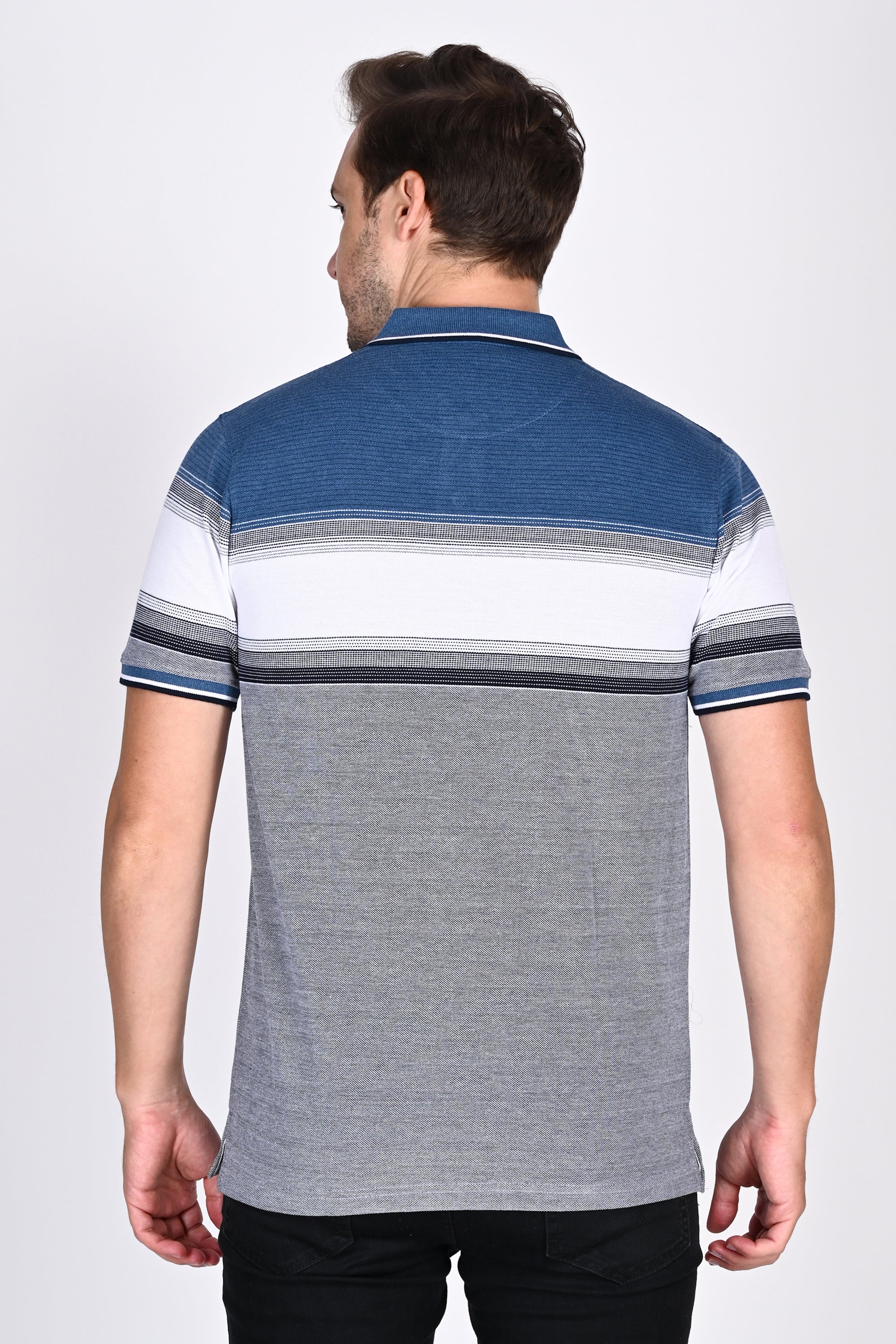 Mens Everyday Classic Blue-Black-White Stripe Polo Tshirt