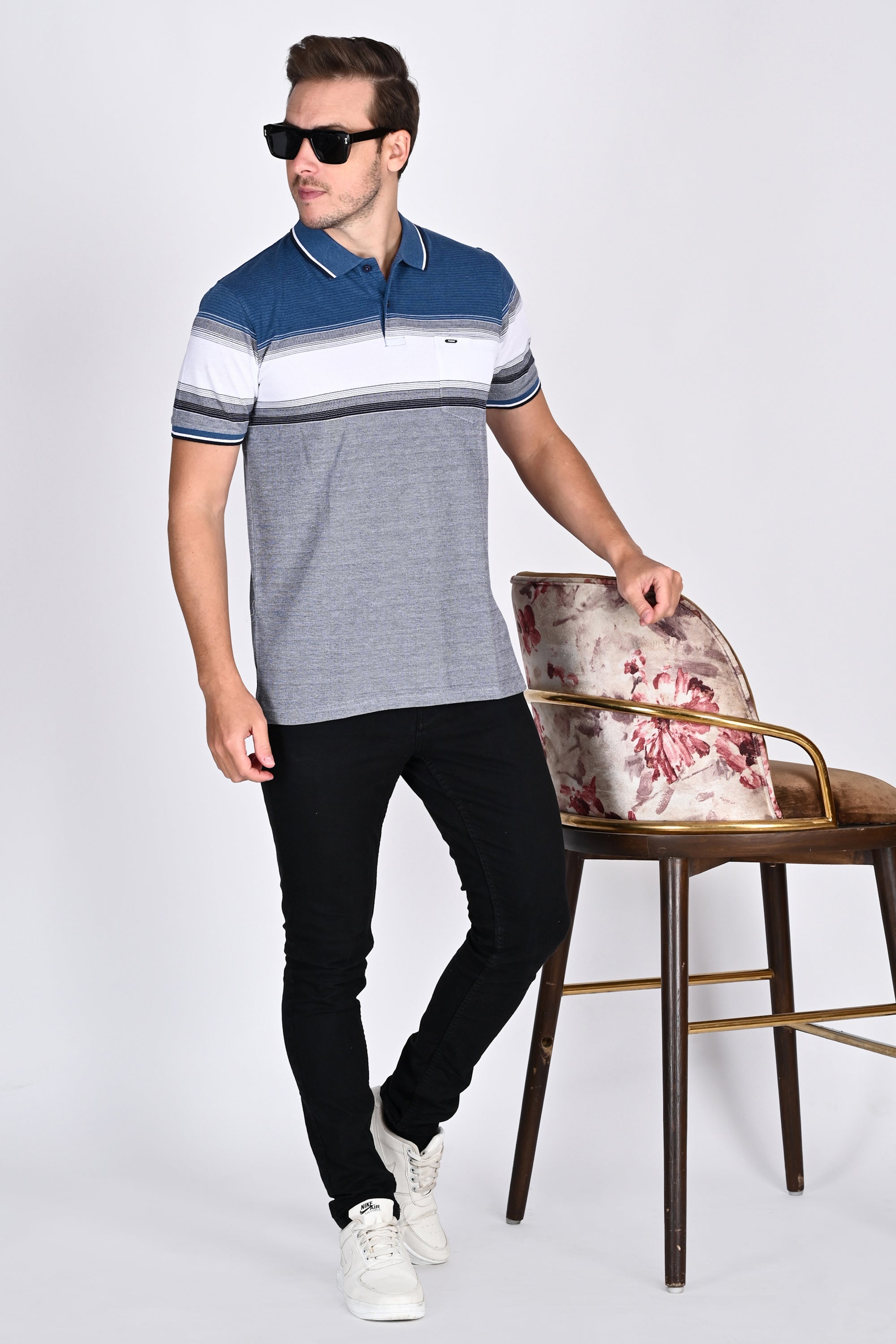Mens Everyday Classic Blue-Black-White Stripe Polo Tshirt