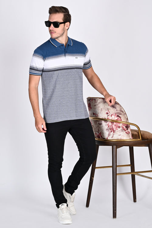 Mens Everyday Classic Blue-Black-White Stripe Polo Tshirt