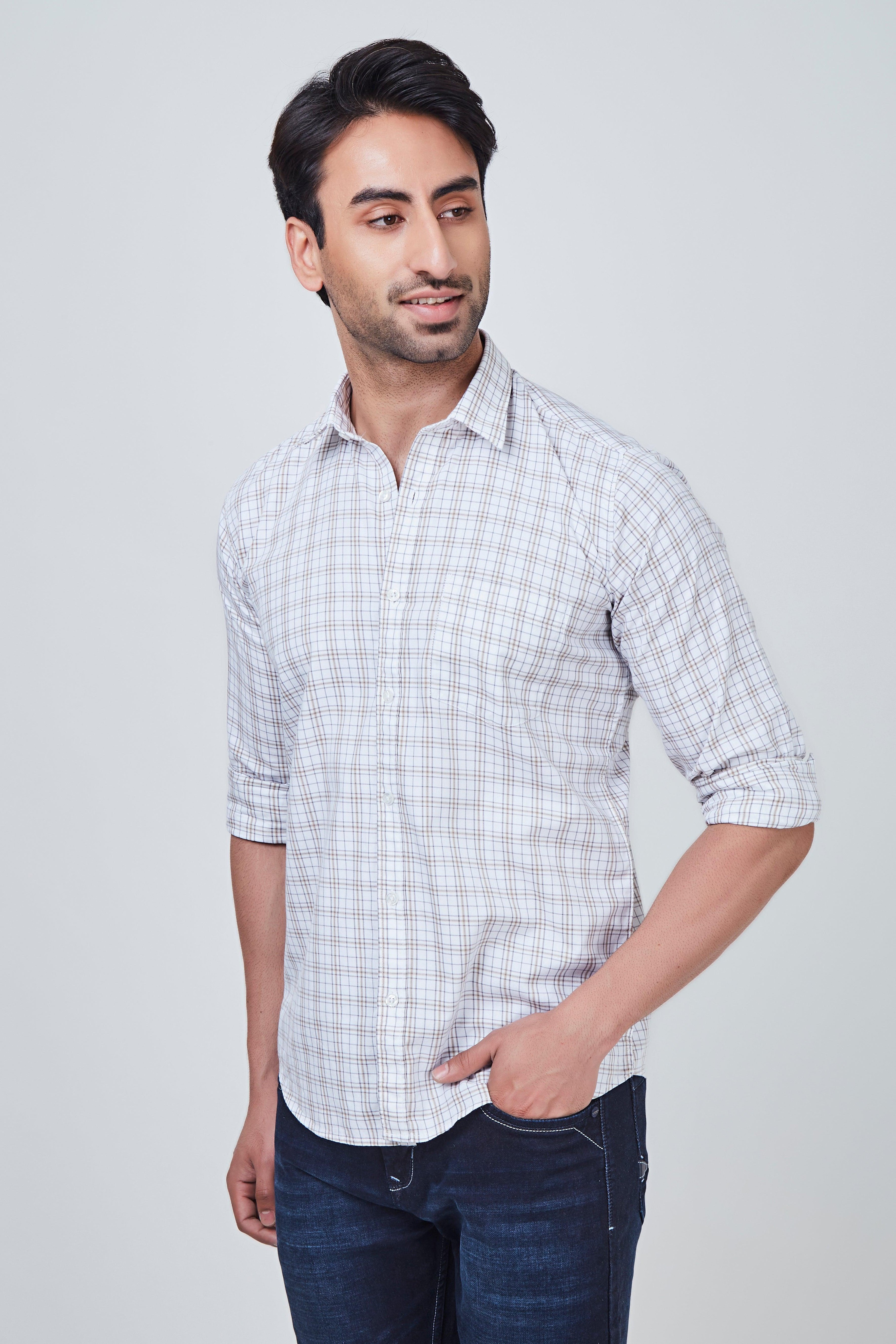 White Checked Regular Fit Shirt with Brownish Border