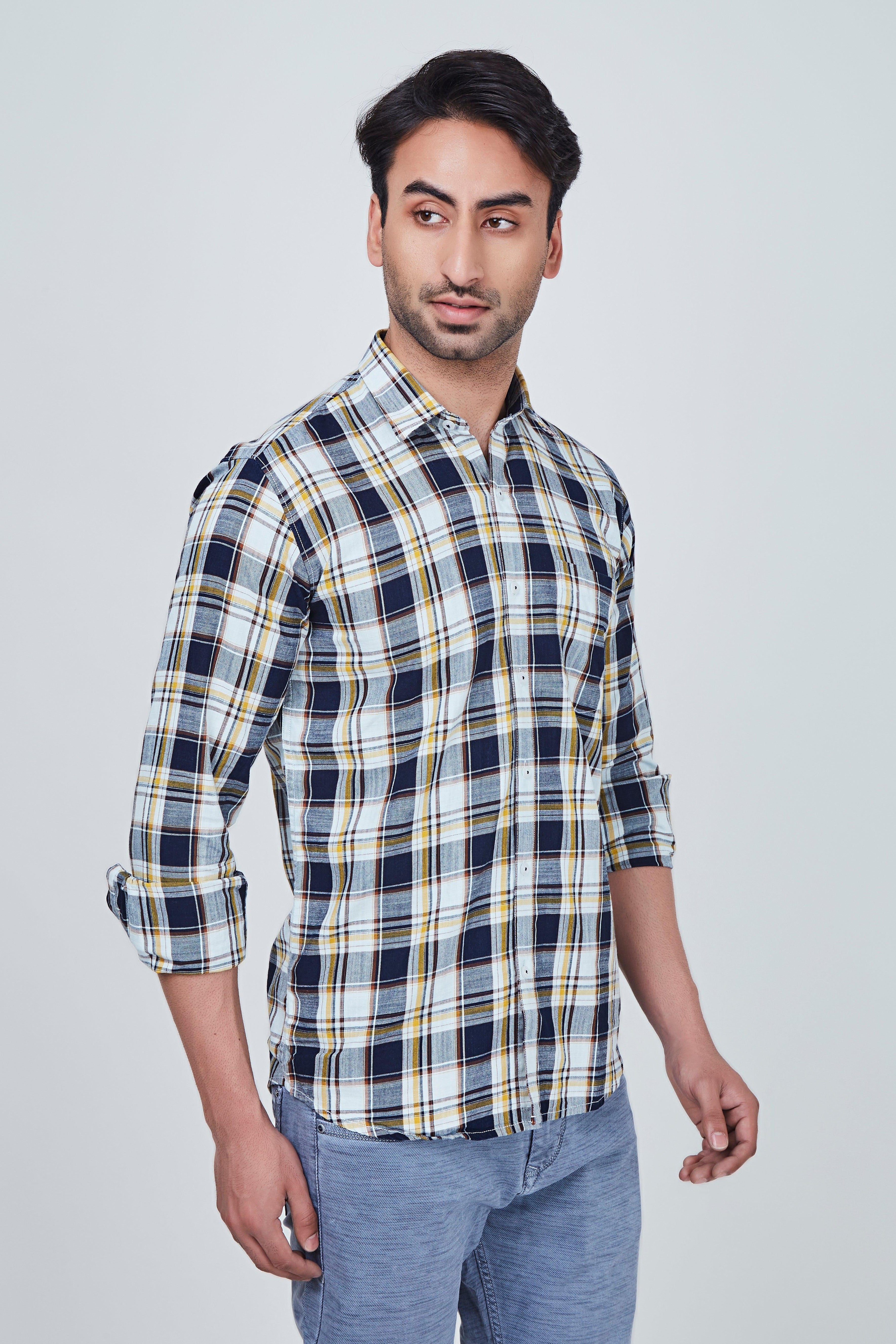 Blue checked Regular Fit Shirt with Yellowish Border