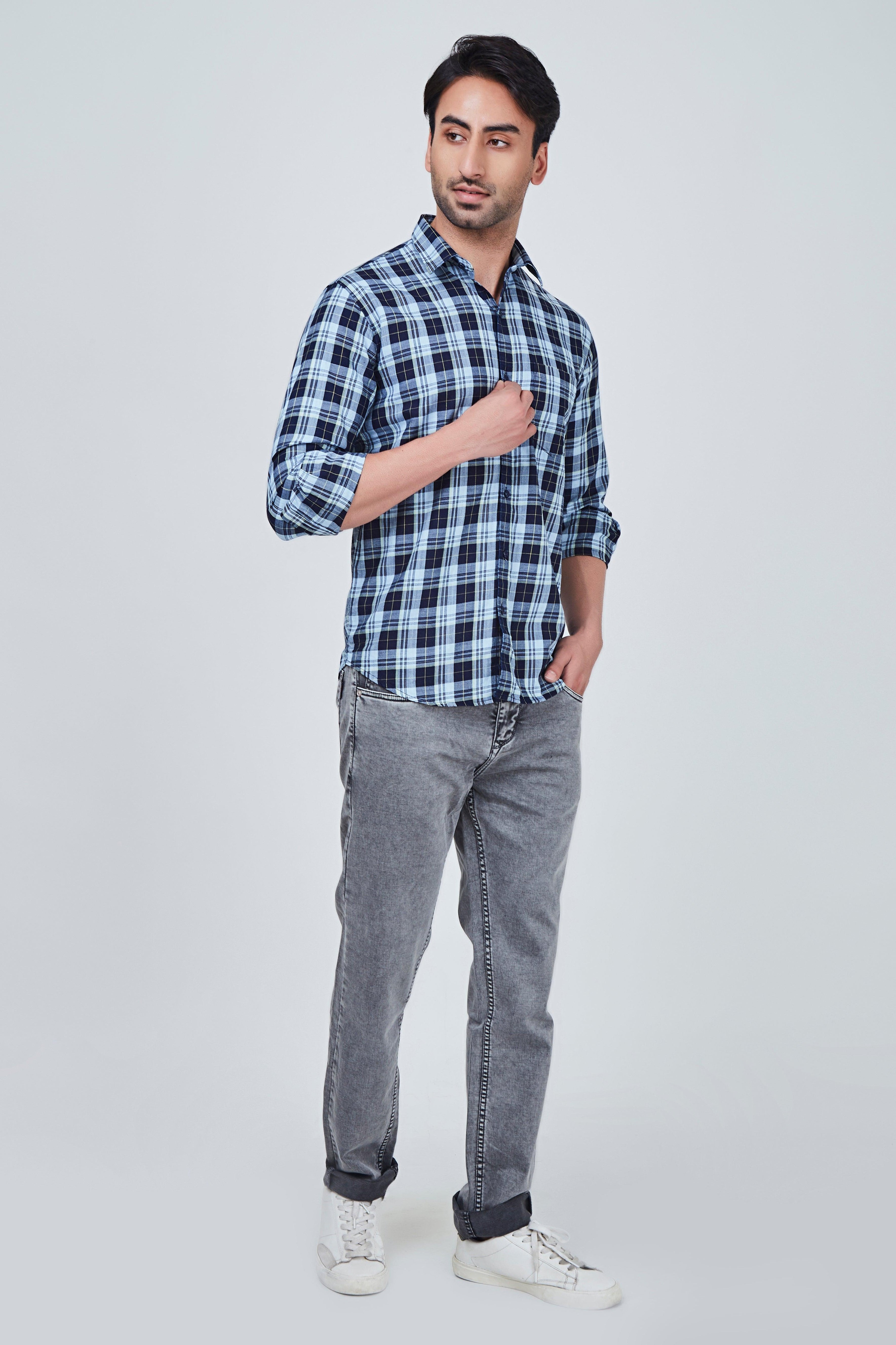 Dark Blue Squared Checked Shirt