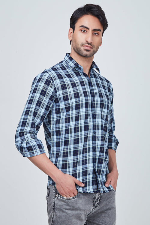 Dark Blue Squared Checked Shirt