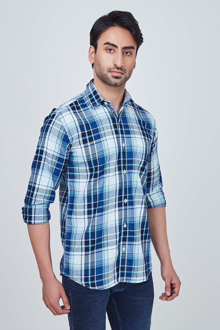 Blue White Checked Regular Fit Shirt
