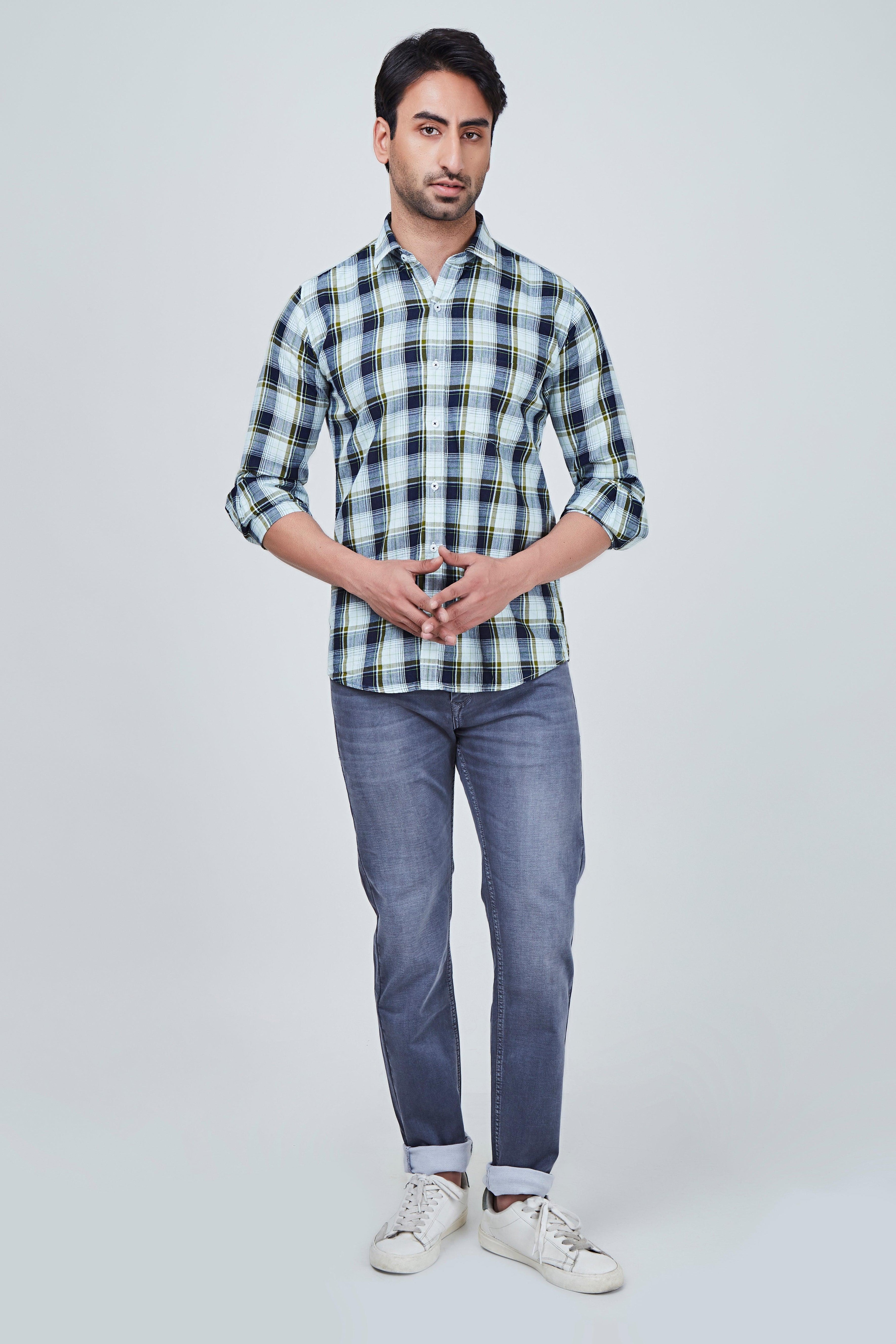 Blue Checked Shirt with Greenish Border