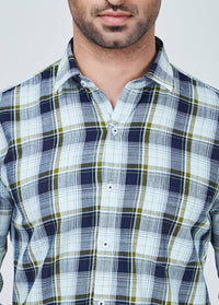 Blue Checked Shirt with Greenish Border