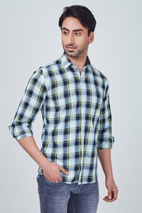 Blue Checked Shirt with Greenish Border