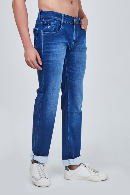 Semi Dark Blue Narrow Fit Jeans with Light Shaded