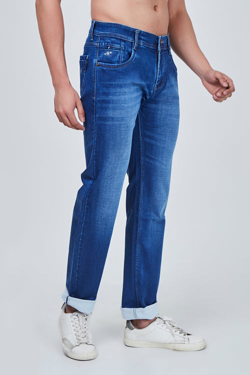 Semi Dark Blue Narrow Fit Jeans with Light Shaded