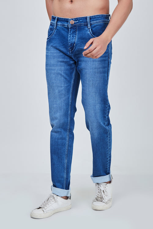 Semi Light Blue Denim Narrow Fit Jeans with Light Shaded