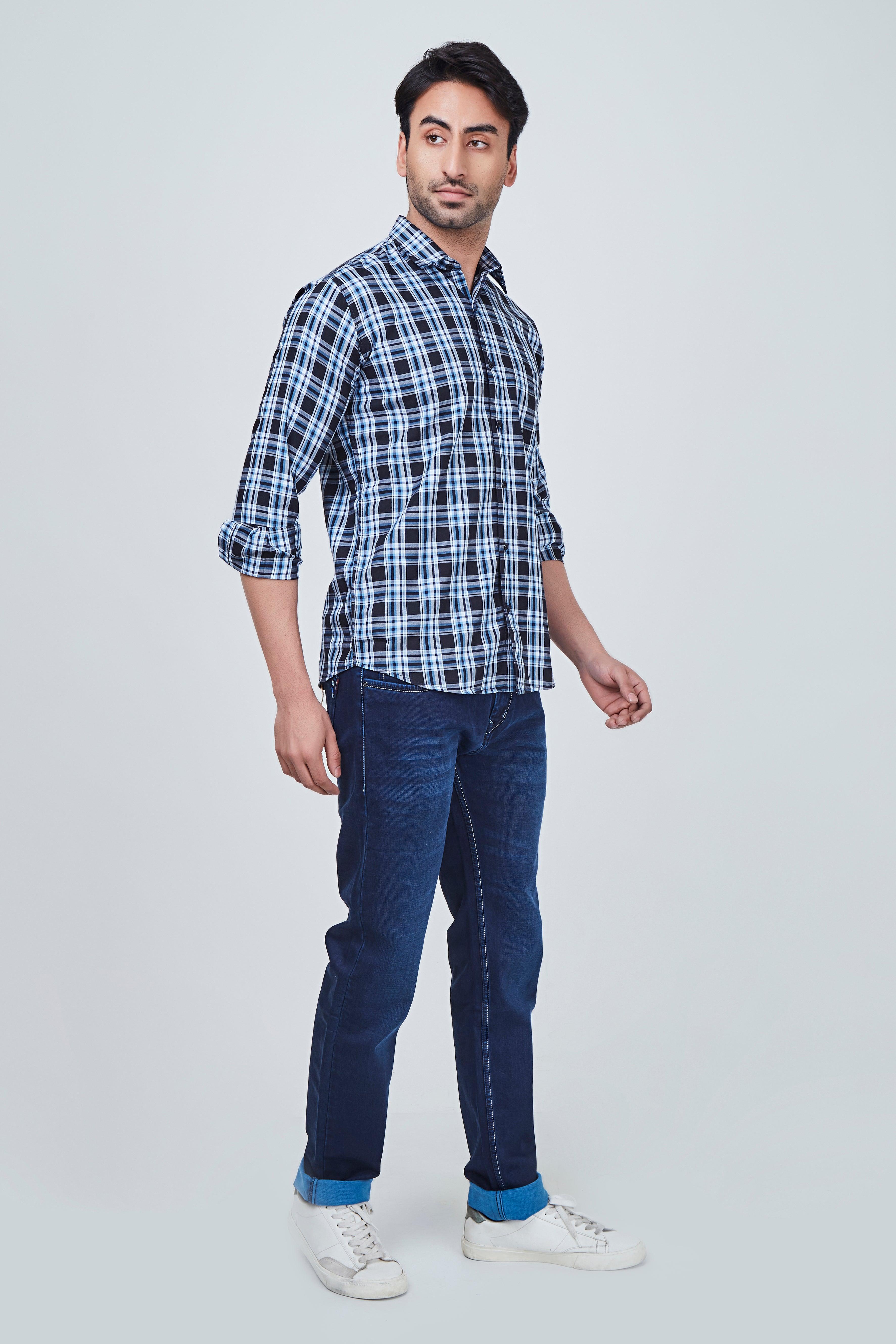 Dark Blue Checked Regular Fit Shirt with White Border