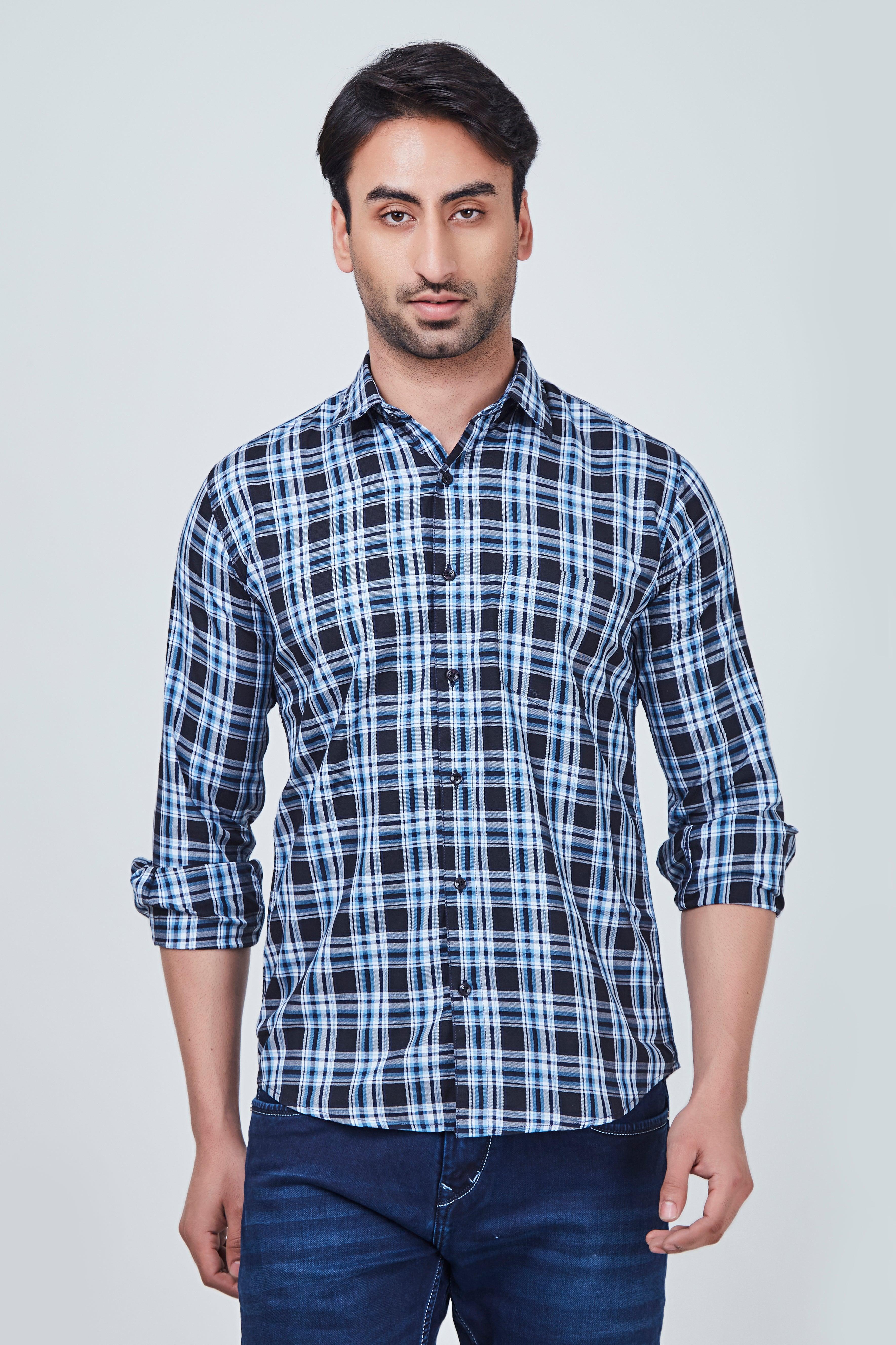 Dark Blue Checked Shirt with White Border