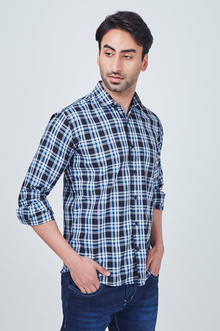 Dark Blue Checked Regular Fit Shirt with White Border