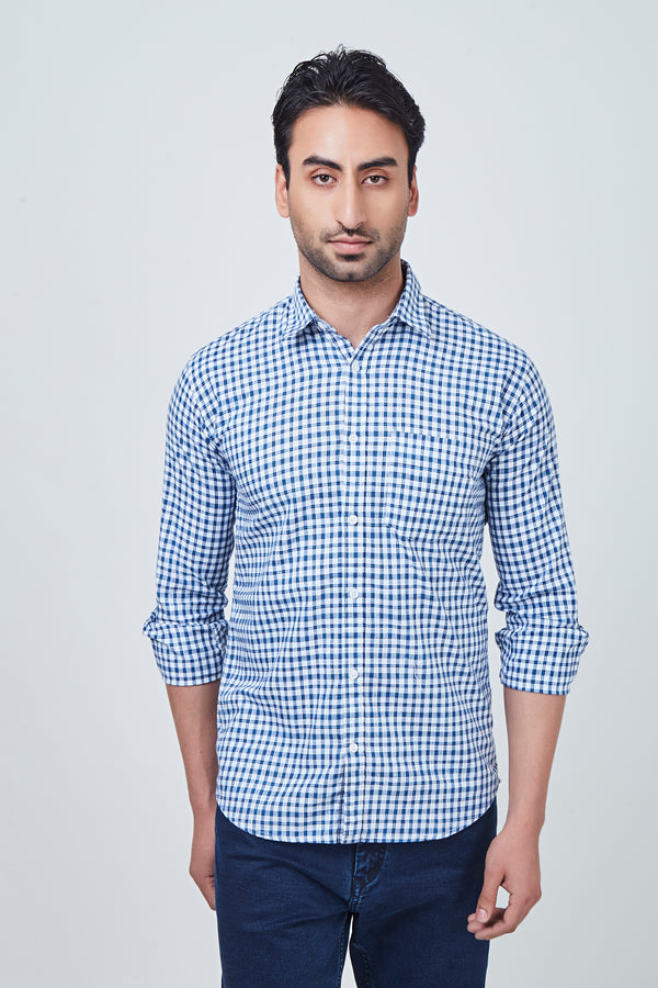 Light Blue and White Checked Regular Fit Shirt