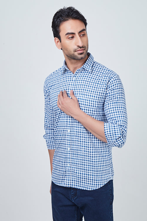 Light Blue and White Checked Regular Fit Shirt