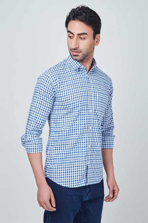 Light Blue and White Checked Regular Fit Shirt