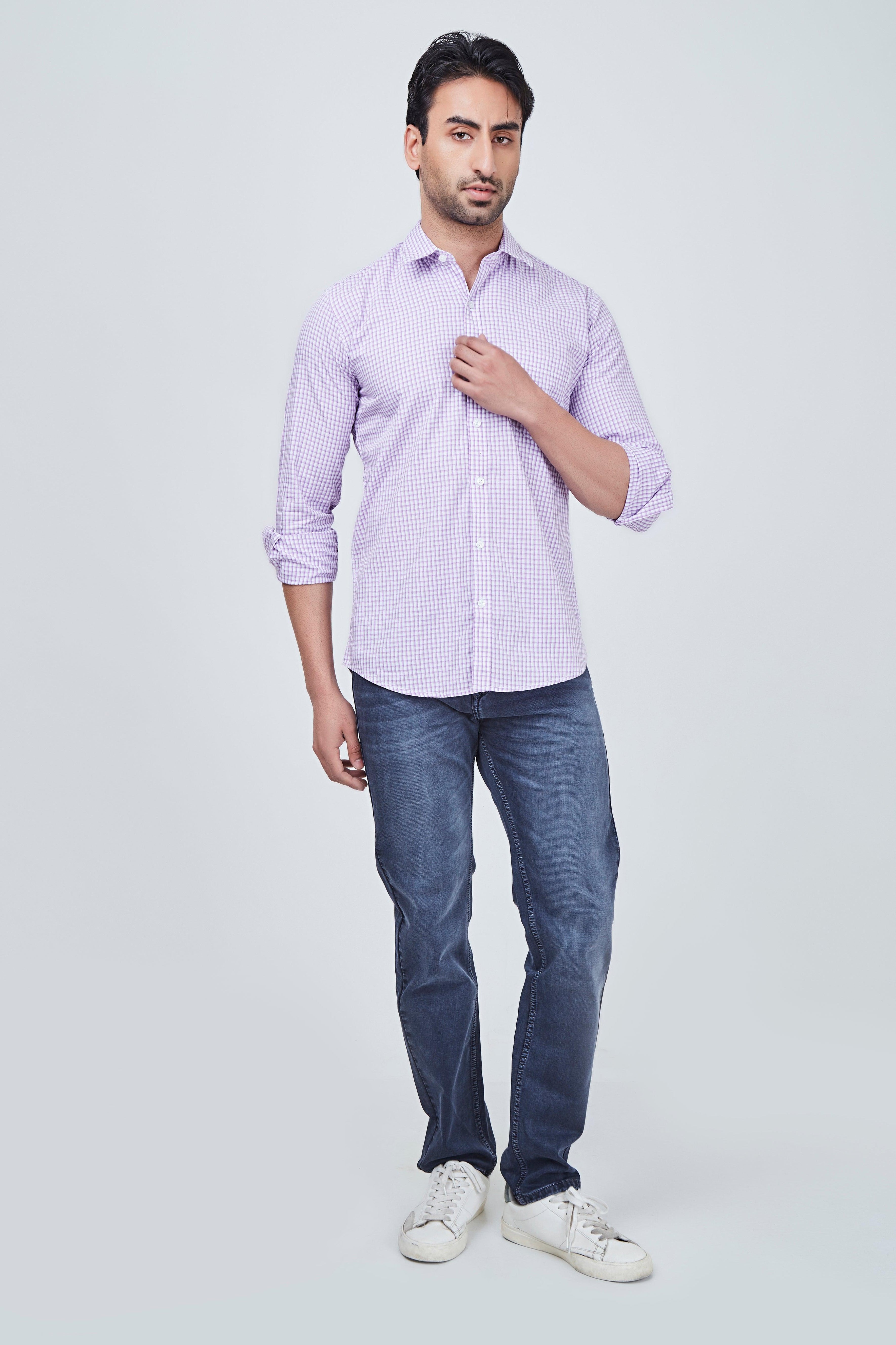 White Checked Shirt with Purple Border