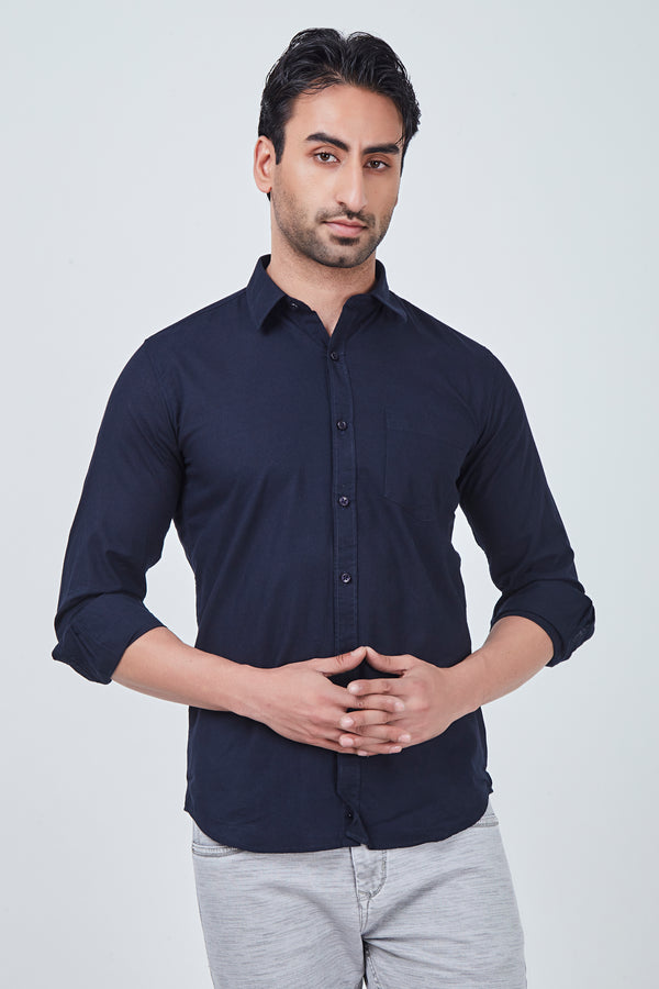 Blue Plain Cotton Regular Fit Shirt