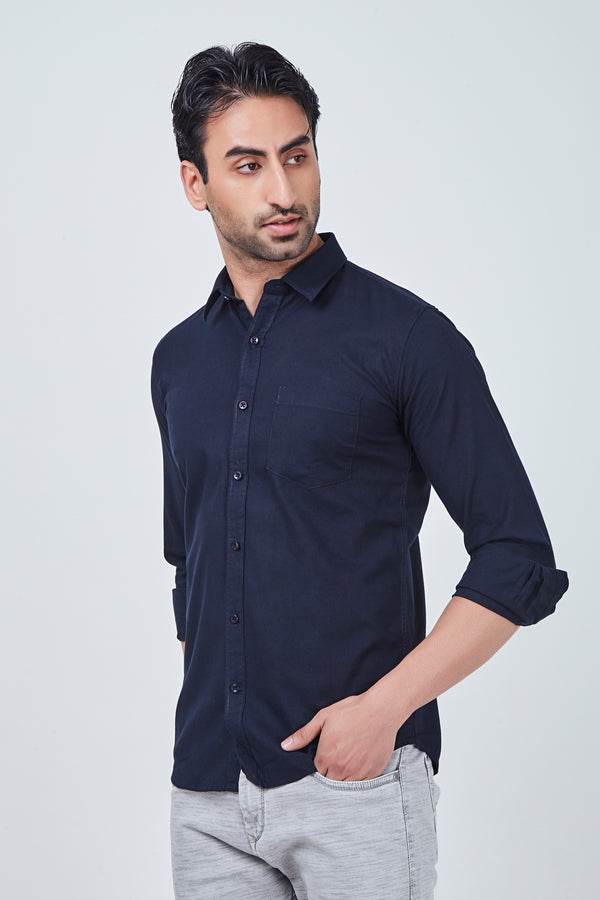 Blue Plain Cotton Regular Fit Shirt
