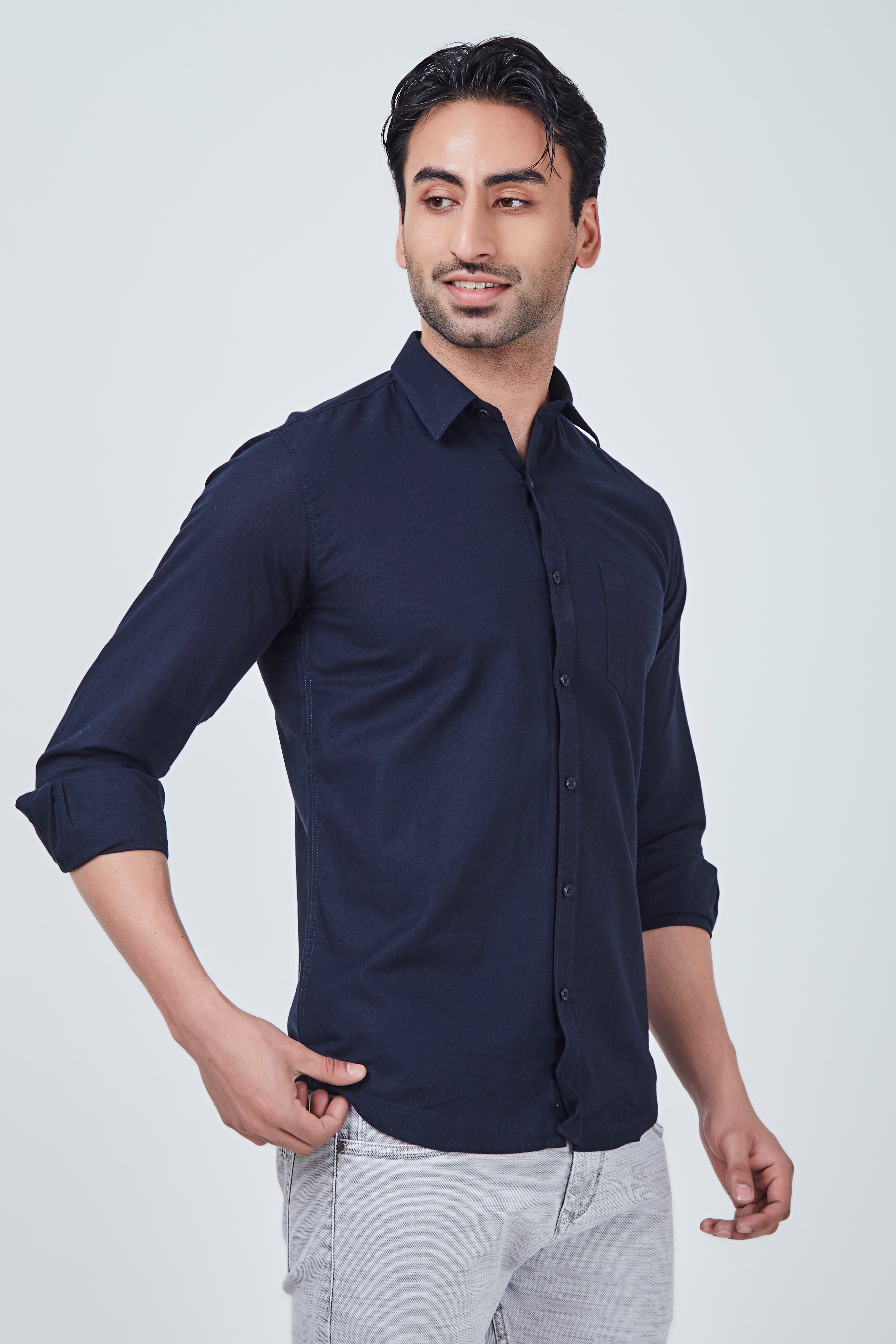 Blue Plain Cotton Regular Fit Shirt