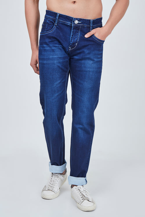 Semi Dark Blue Narrow Fit Jeans with Light Shaded