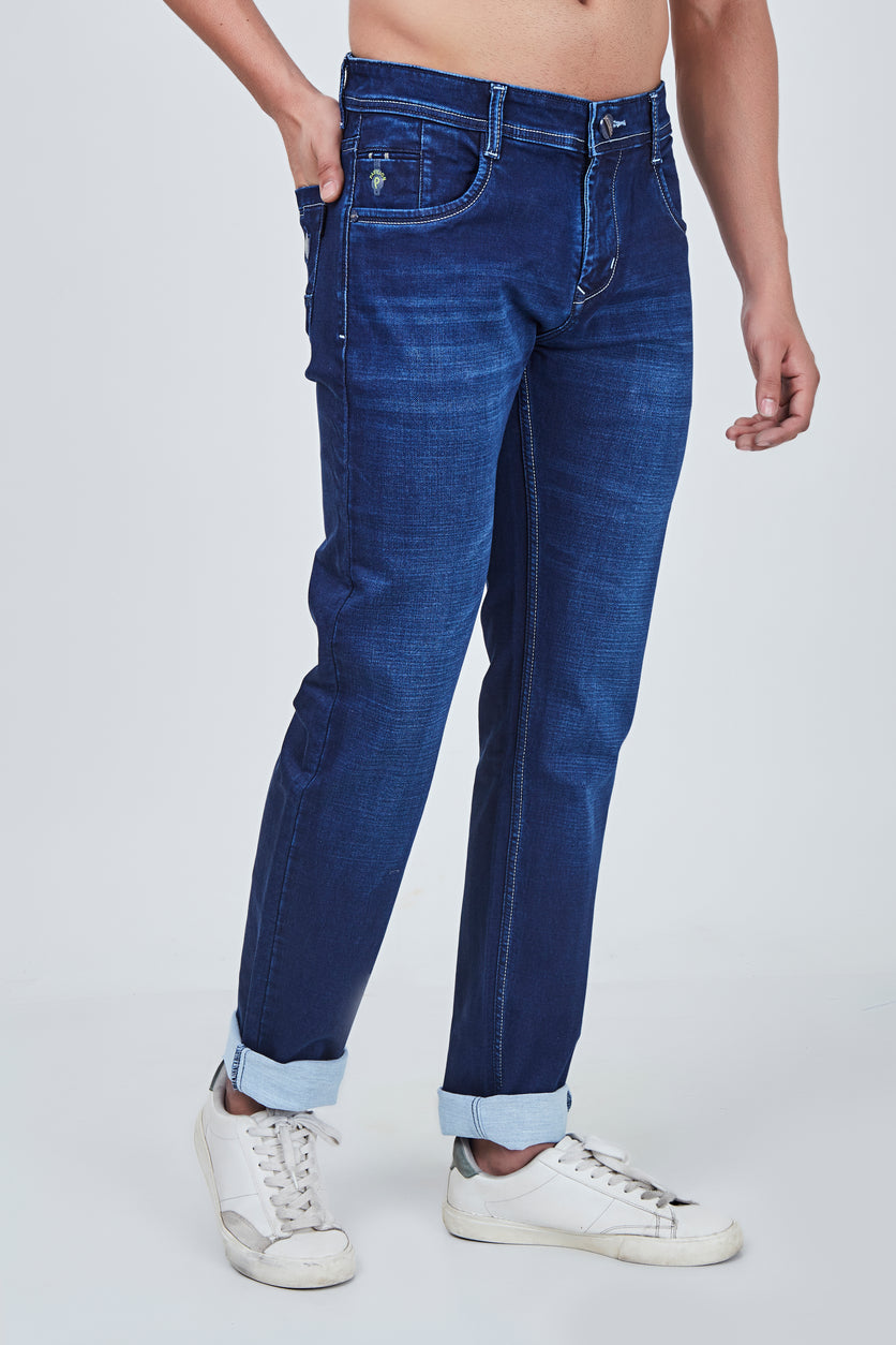 Semi Dark Blue Narrow Fit Jeans with Light Shaded