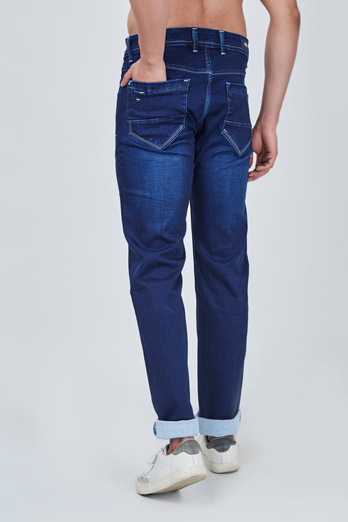 Semi Dark Blue Narrow Fit Jeans with Light Shaded