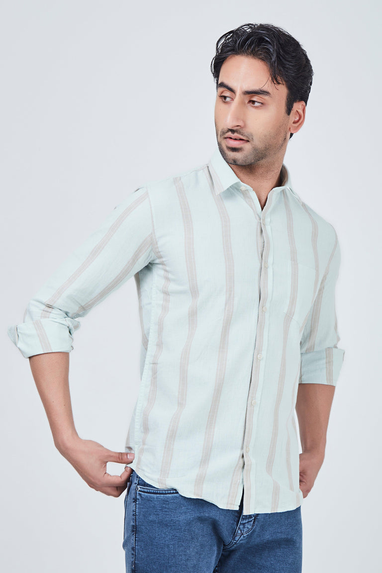 Light Blue Shirt with Brown Strap