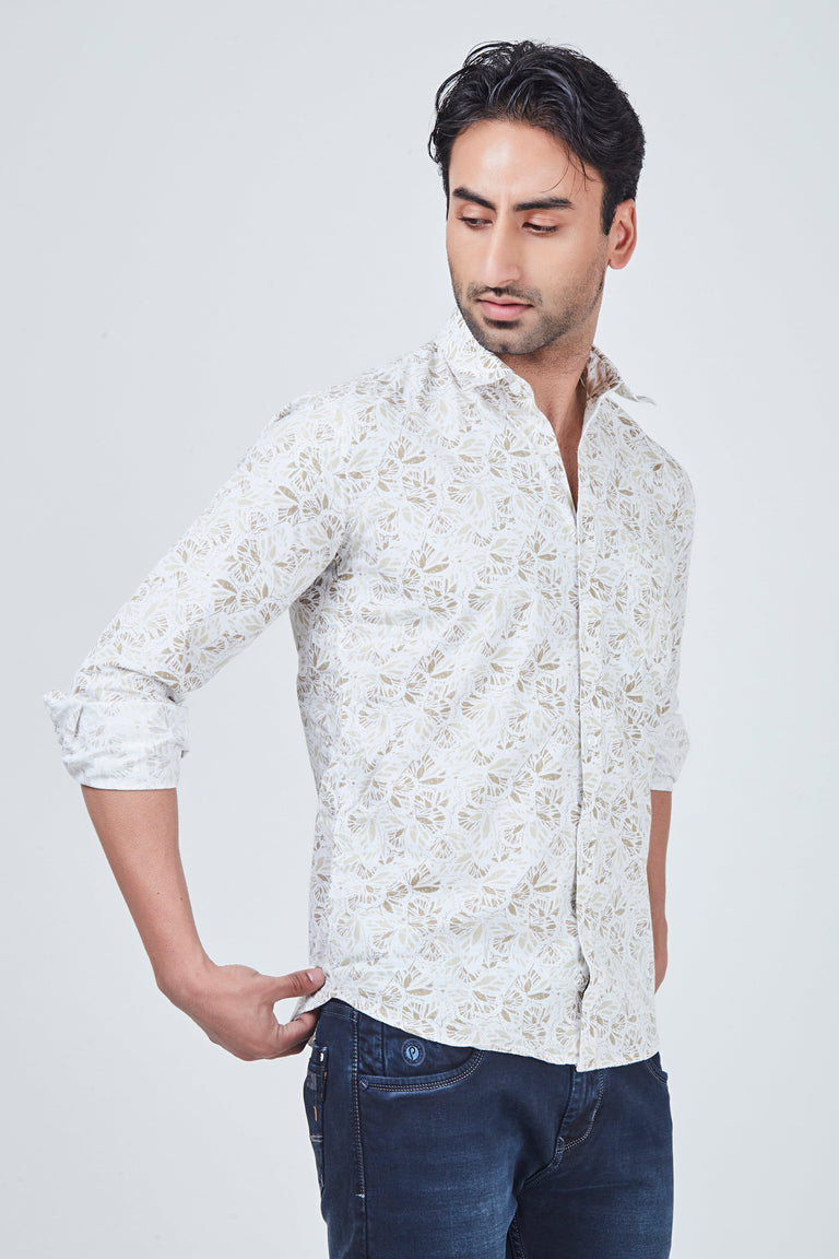 White Regular Fit Shirt with brown print