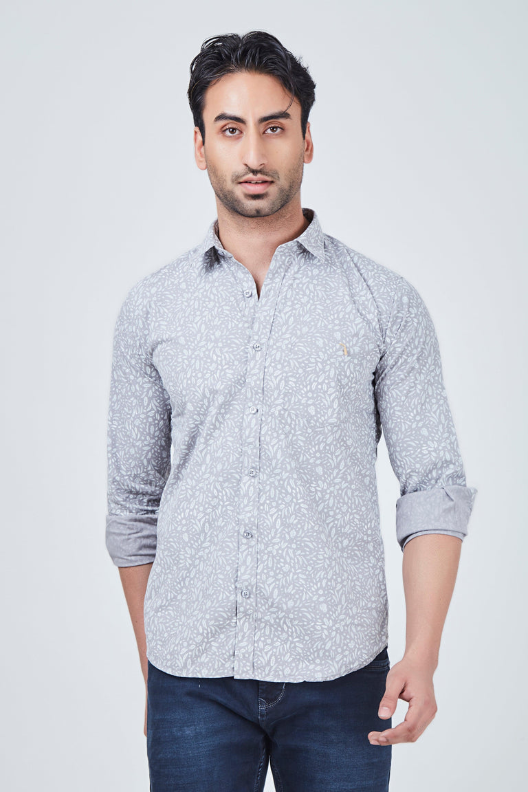 White and Grey Design Printed Regular Fit Shirt