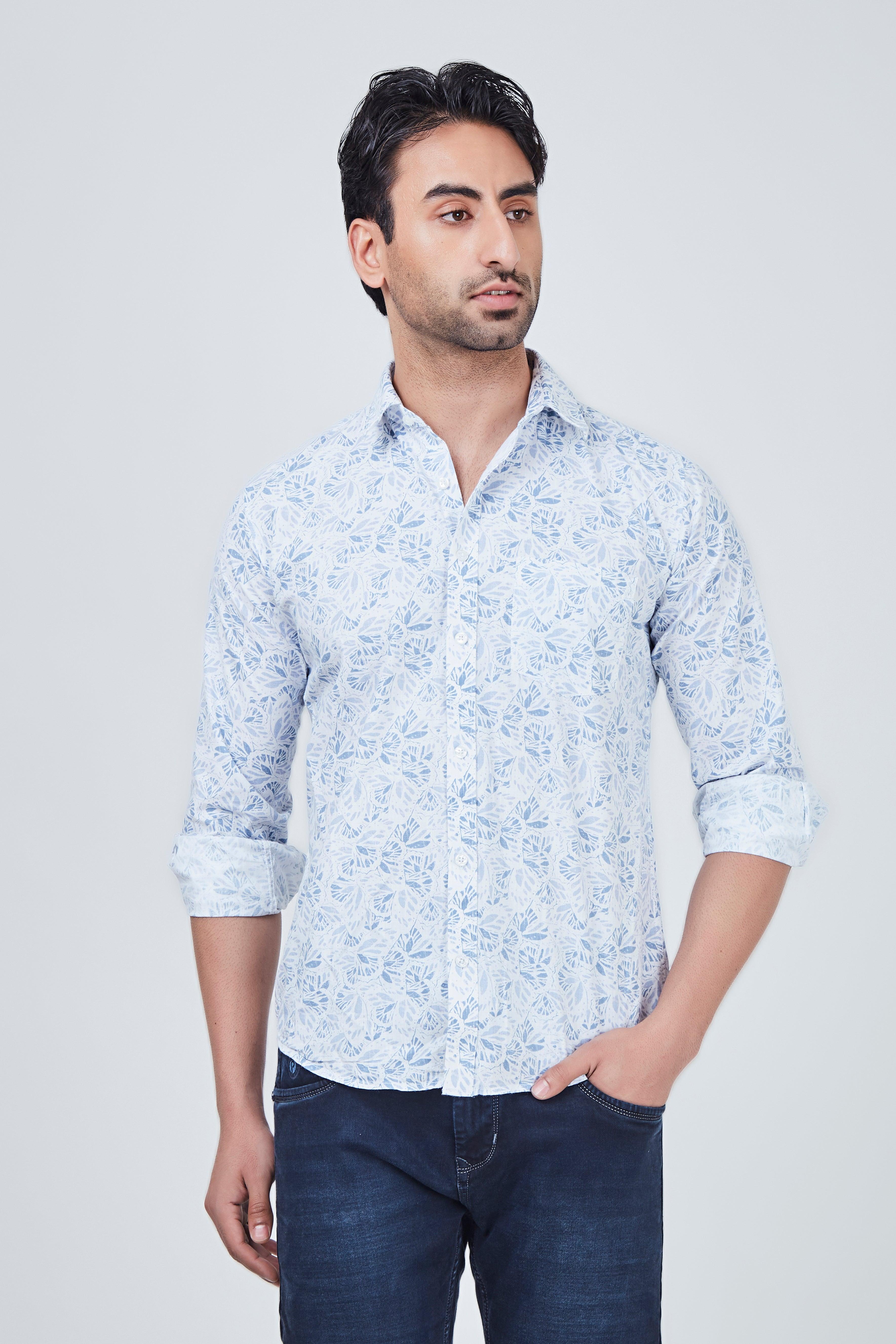 White Shirt with Blue Print – Modern Style & Comfort for Every Occasion –  Pavilion Jeans Online Store