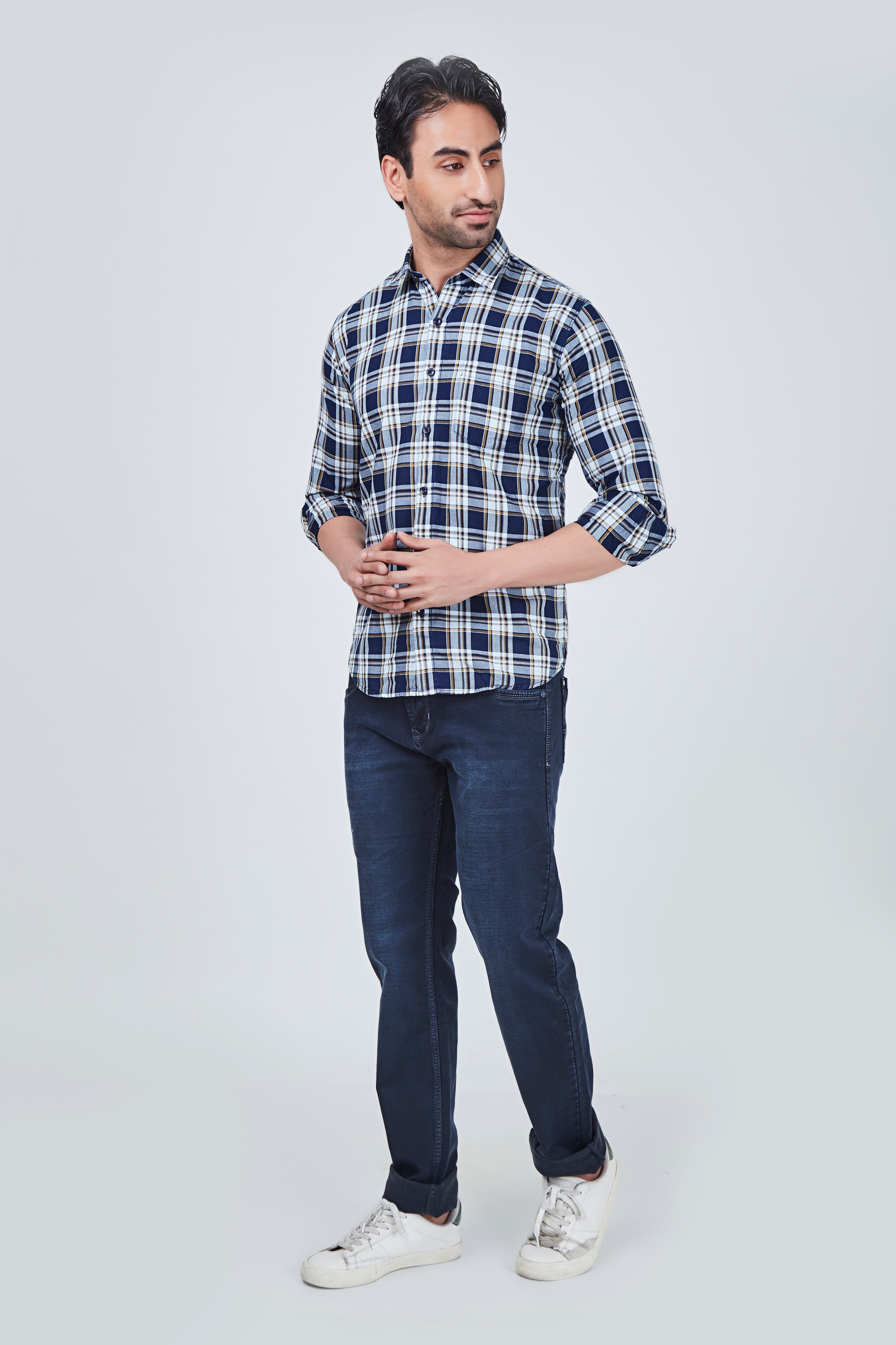 Yellow and Blue Checked Regular Fit Shirt