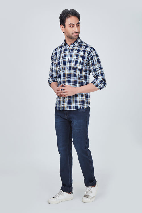 Yellow and Blue Checked Regular Fit Shirt