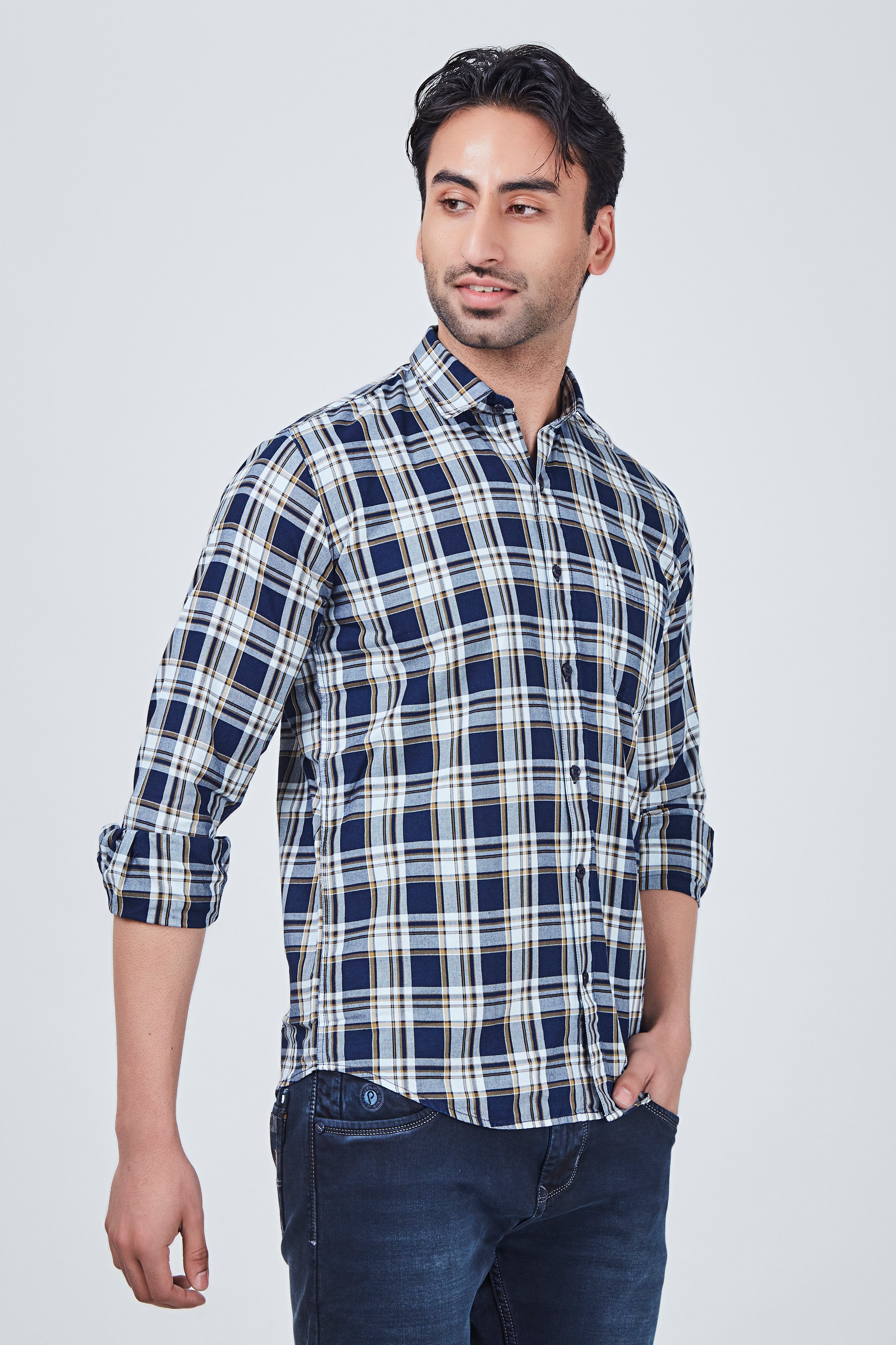 Yellow and Blue Checked Regular Fit Shirt