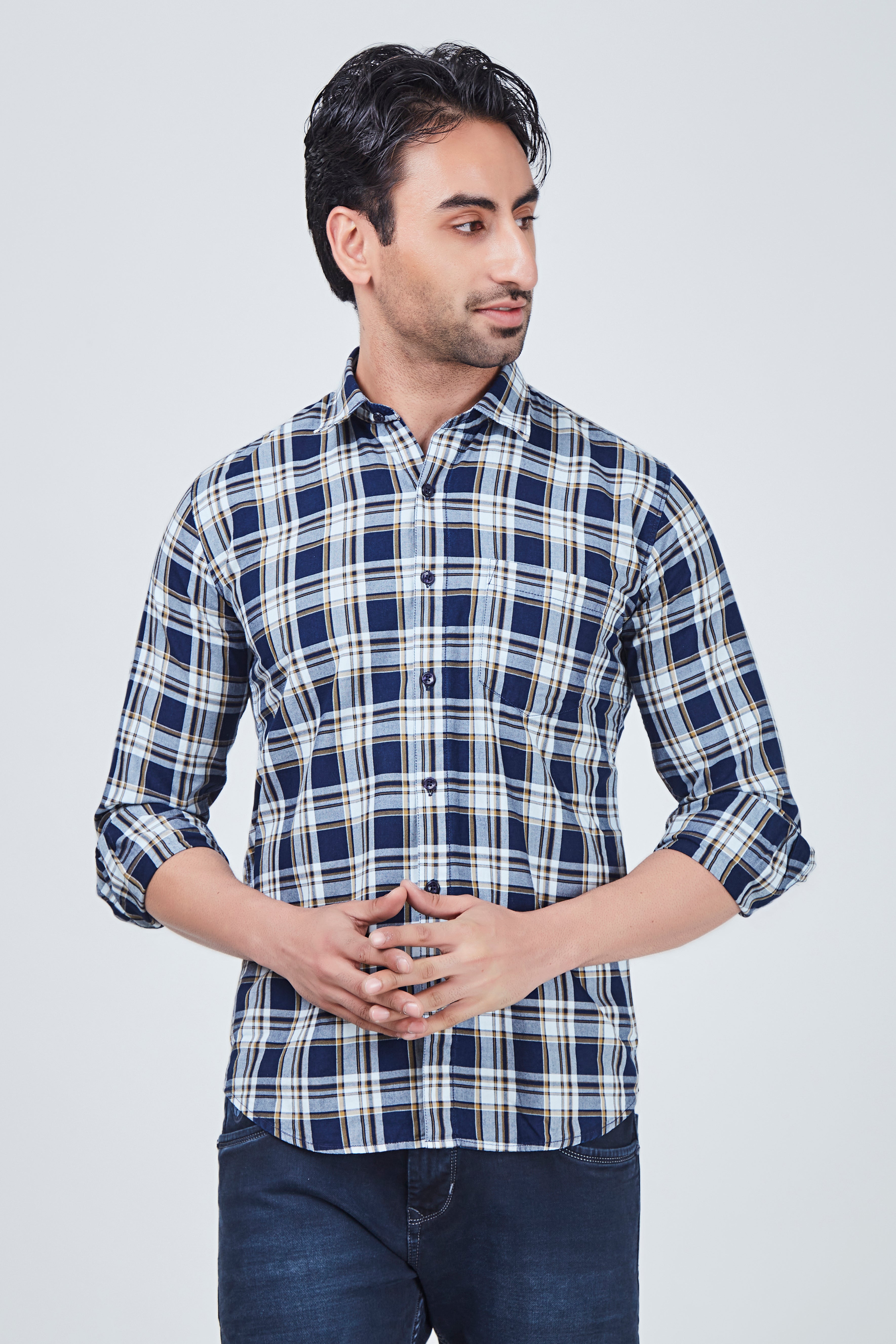 Yellow and Blue Checked Regular Fit Shirt