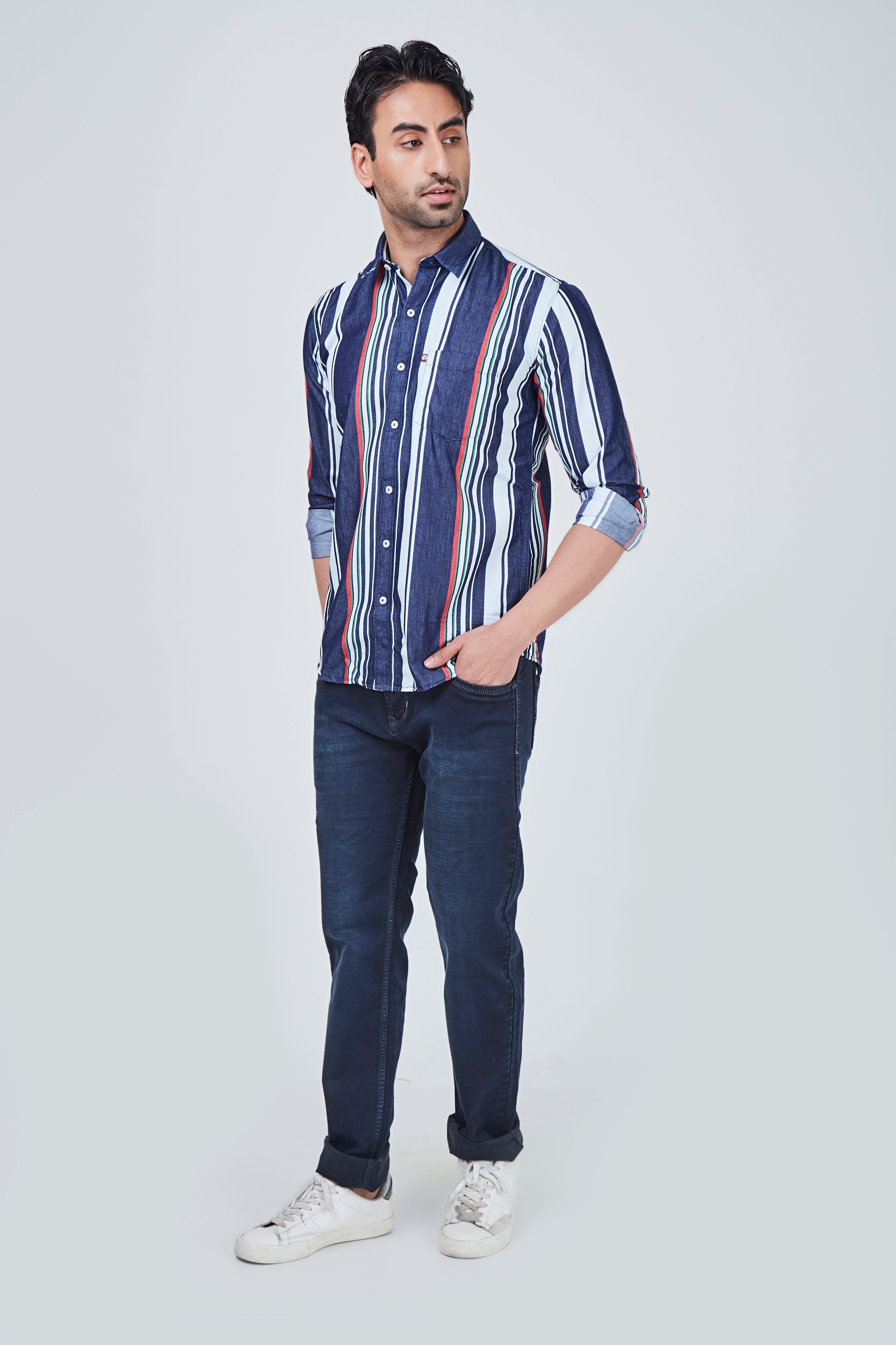 Blue Regular Fit Shirt with White Striped
