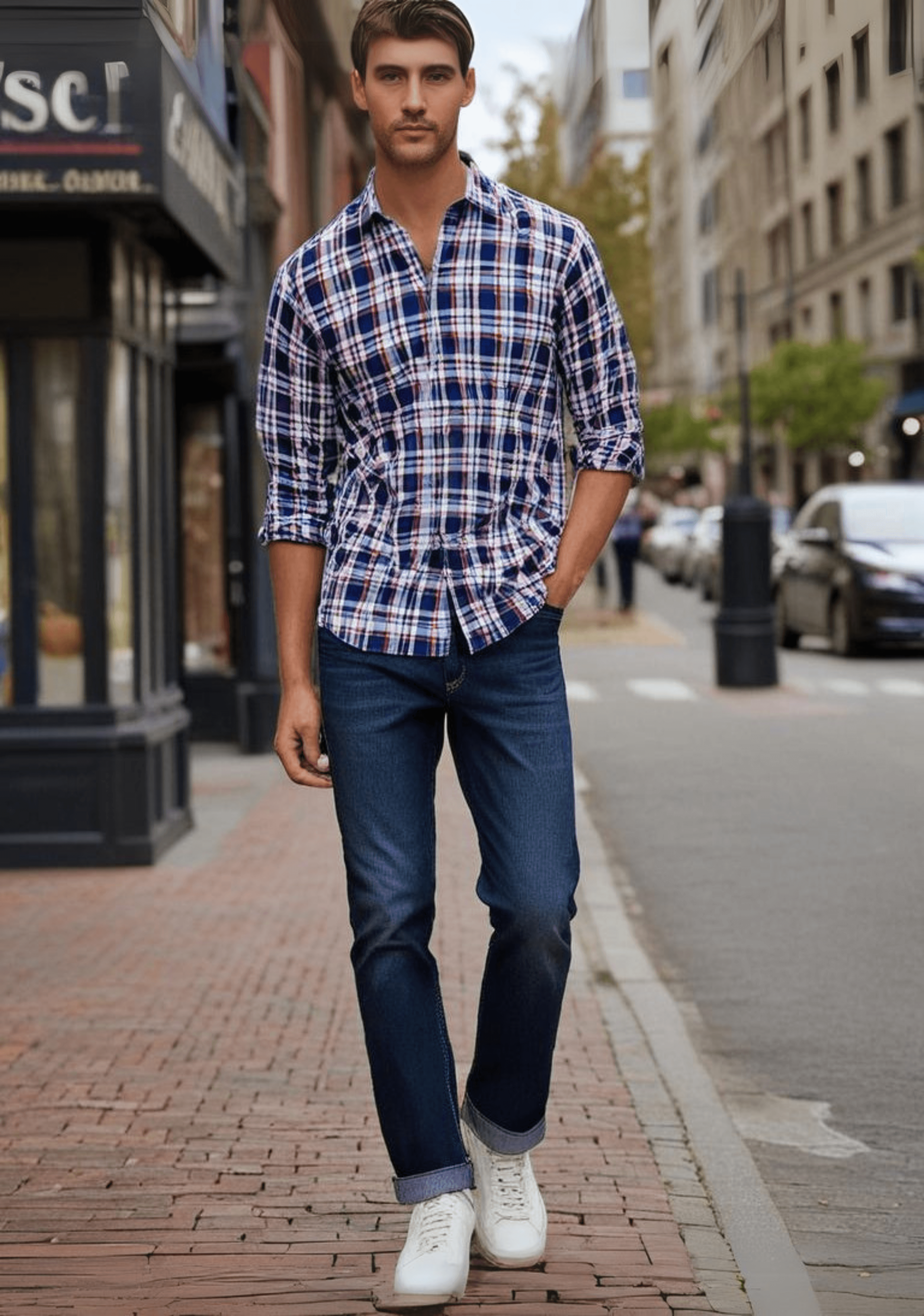 Blue Checked Shirt with Red Border