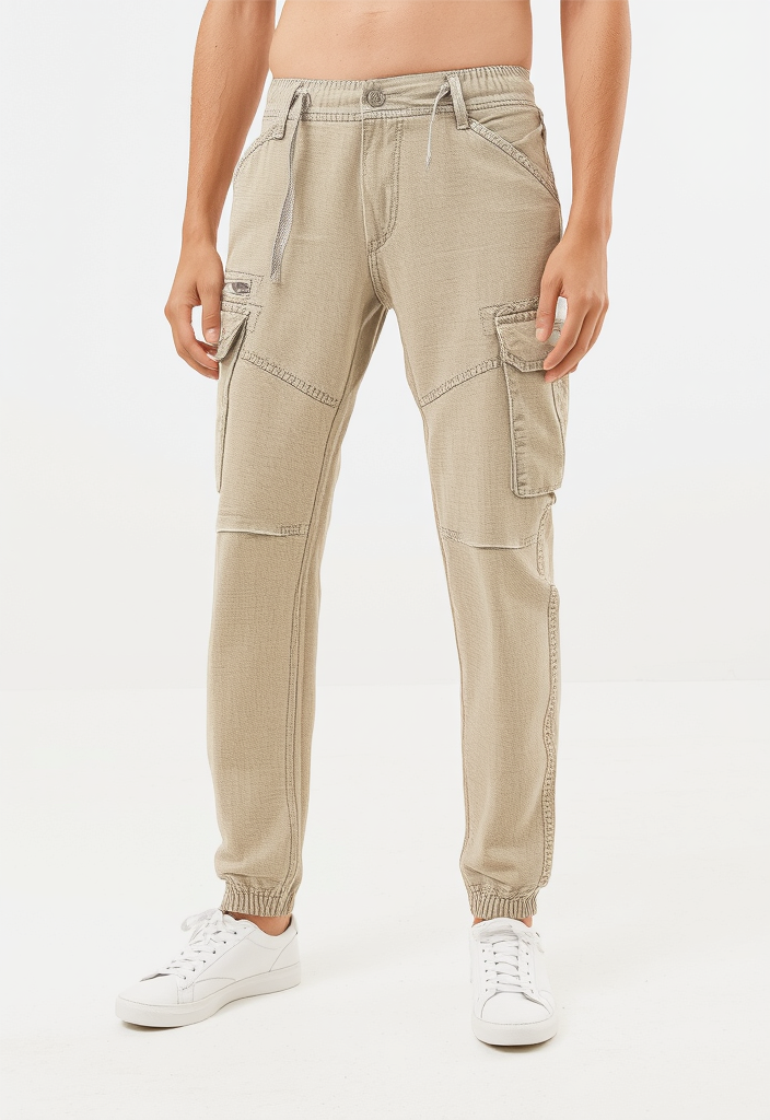 Men's Beige Narrow Fit Cargo Pants
