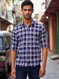 Blue Checked Shirt with Red Border