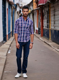 Blue Checked Shirt with Red Border